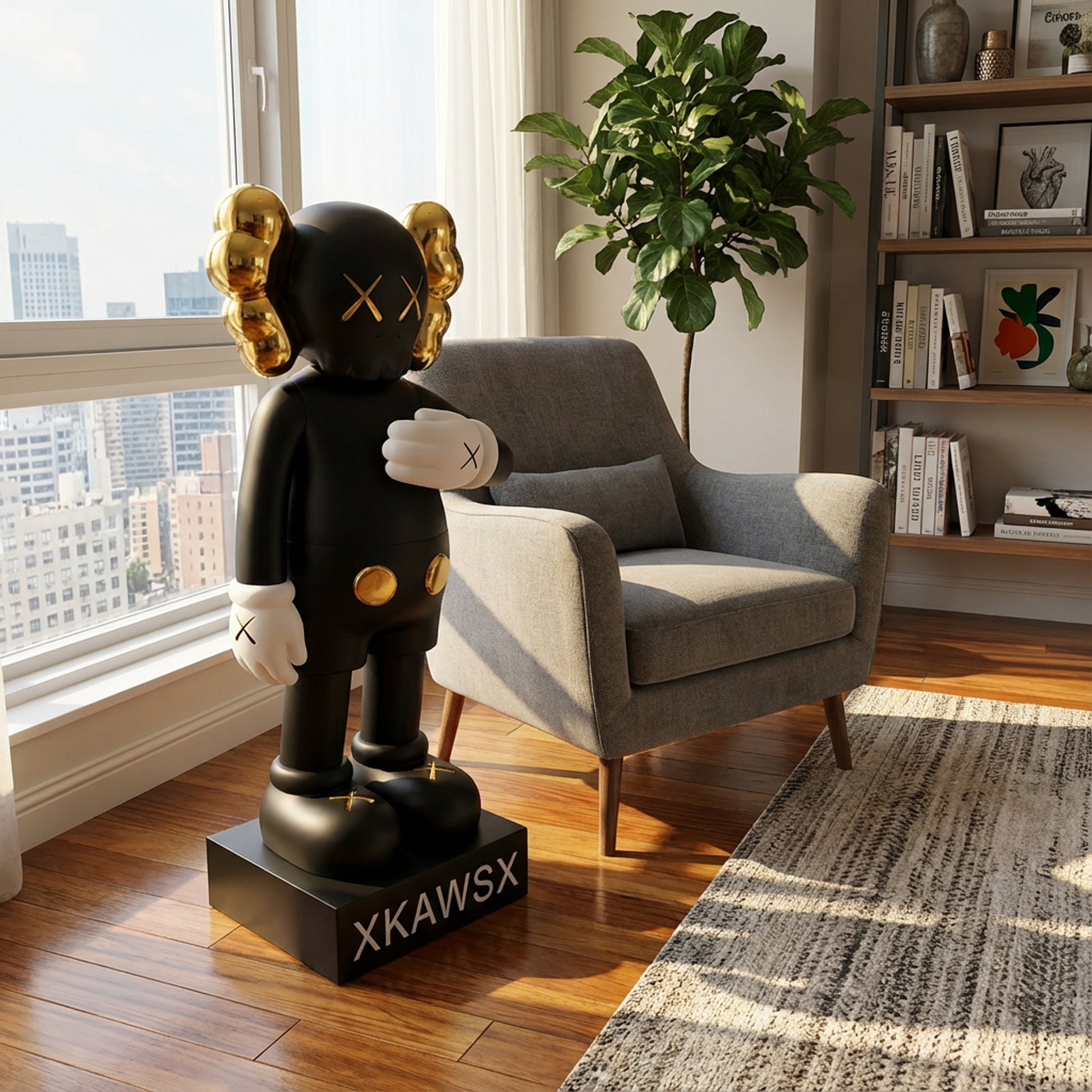 The Landmark Decor "In Motion" sculpture stands next to a gray armchair in a modern living room with city views, wooden floor, and bookshelves—an eye-catching black statement piece for your home.