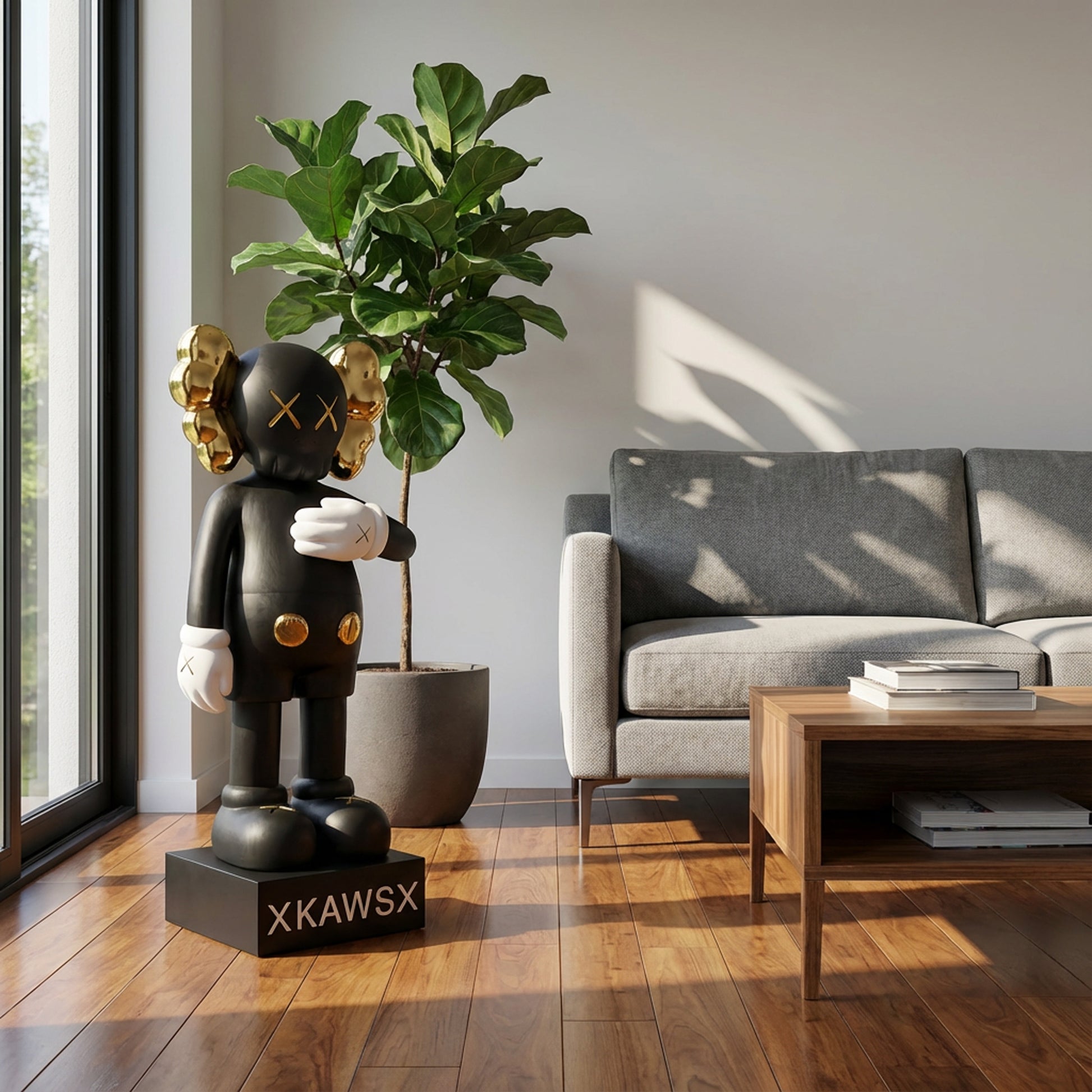 The Landmark Decor "In Motion" sculpture with gold accents stands by a potted plant in a modern living room, adding an artful touch to the wooden floors, gray sofa, and coffee table—perfect for home decor enthusiasts.