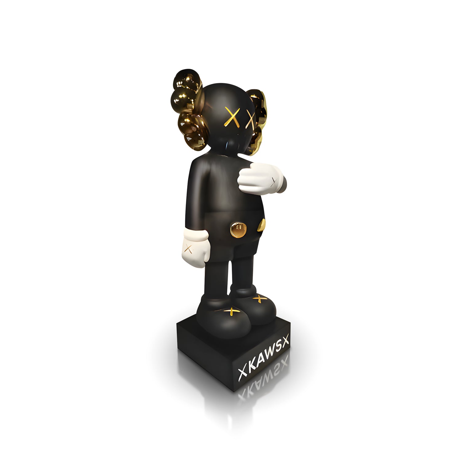 The "In Motion" figure by Landmark Decor features a black and gold KAWS Companion standing on a base with "KAWS," iconic X-shaped eyes, and gloved hands—a blend of modern sculpture and decor.