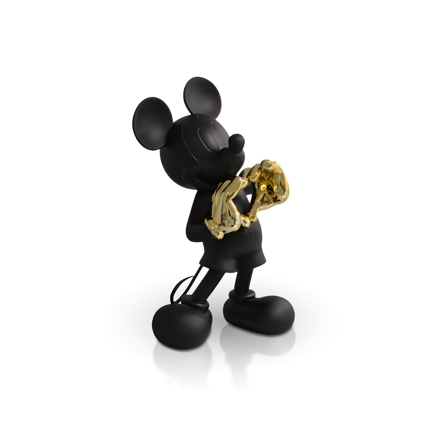 The Heart U - Large by Landmark Decor is a matte black Mickey Mouse figurine with shiny gold-gloved hands, perfect as a unique artistic sculpture and an eye-catching accent for modern home decor.