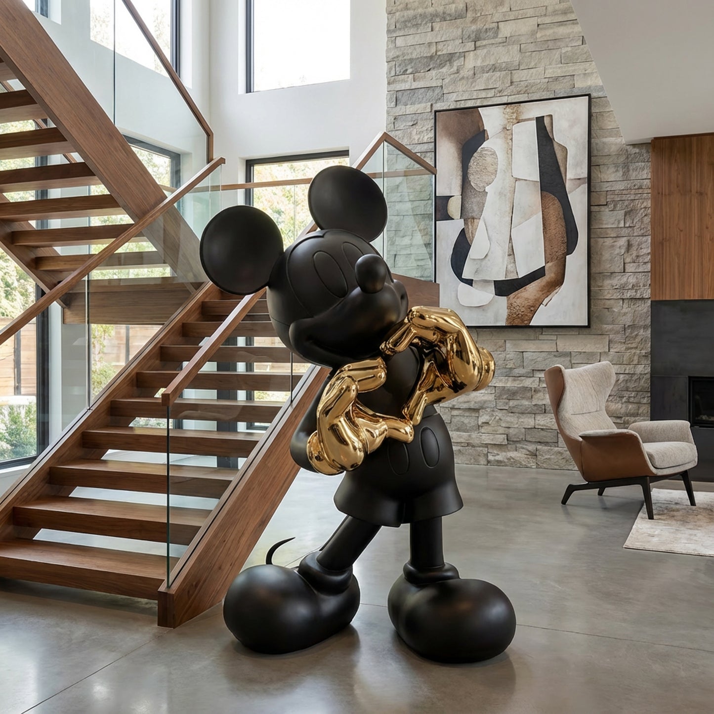 The Heart U - Large by Landmark Decor adds a striking touch to a modern living room with glass stairs, stone walls, and contemporary art.