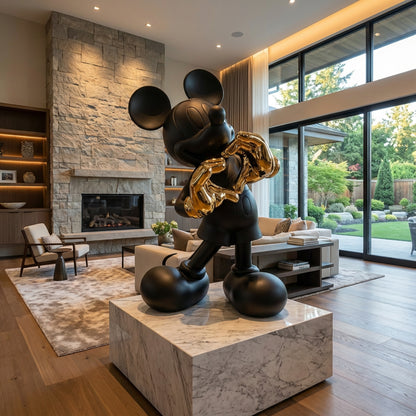 The Heart U - Large by Landmark Decor is a striking black statue with gold gloves on a marble pedestal, making a bold statement in modern living rooms with stone fireplaces and garden views.
