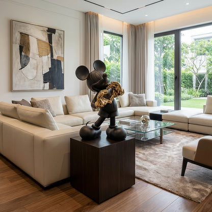 Modern living room with cream sofas, abstract wall art, large windows, and Landmark Decor's Heart U - Small sculpture on a pedestal—showcasing how artistic pieces can enhance stylish home decor.