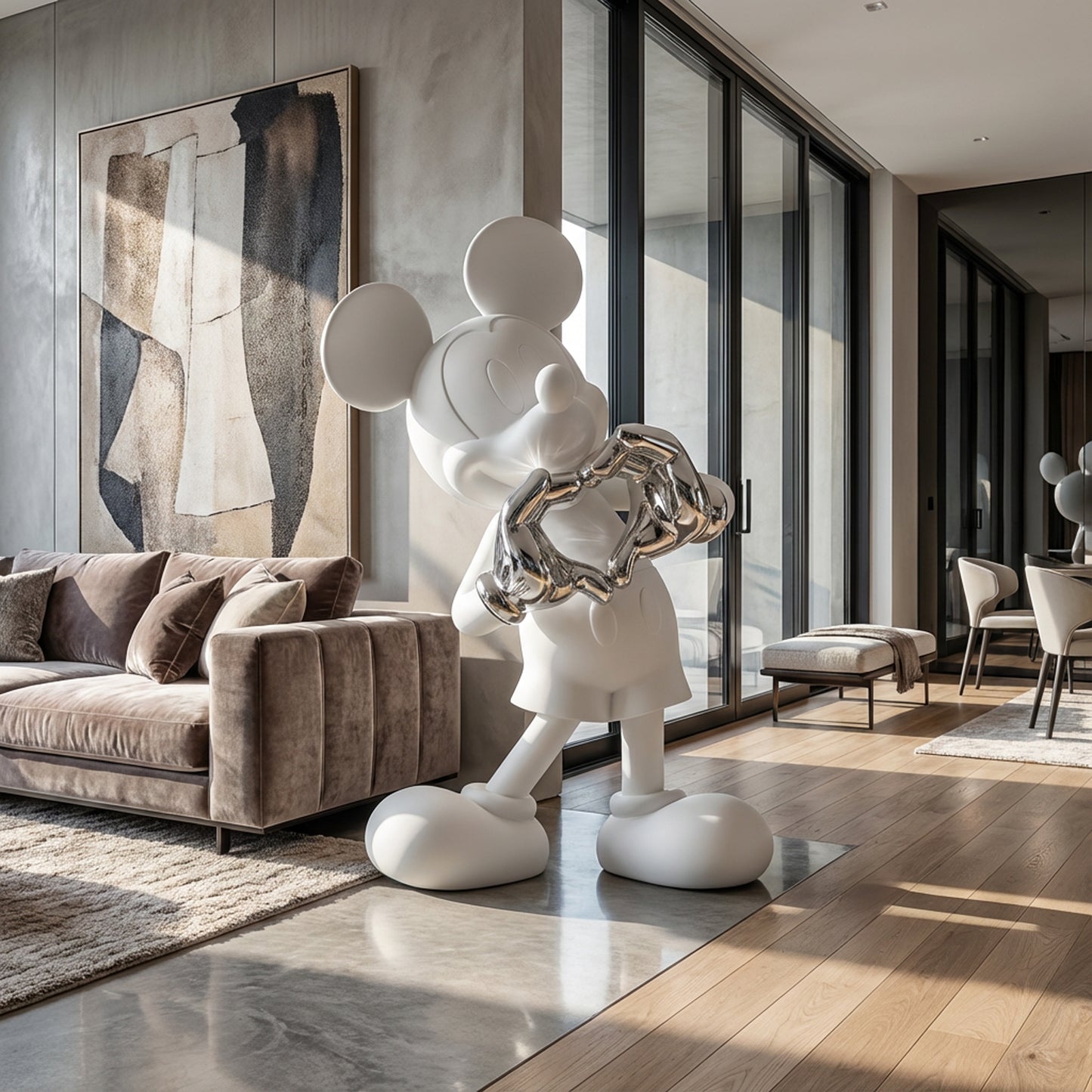 The Heart U - Large by Landmark Decor is a striking white statue with a metallic chain, serving as an artistic sculpture and eye-catching landmark decor in a modern living room with neutral tones and expansive windows.