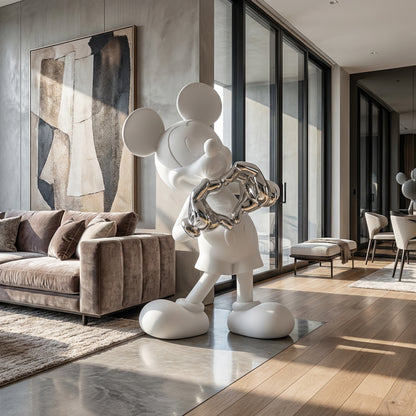 The Heart U - Large by Landmark Decor is a striking white statue with a metallic chain, serving as an artistic sculpture and eye-catching landmark decor in a modern living room with neutral tones and expansive windows.