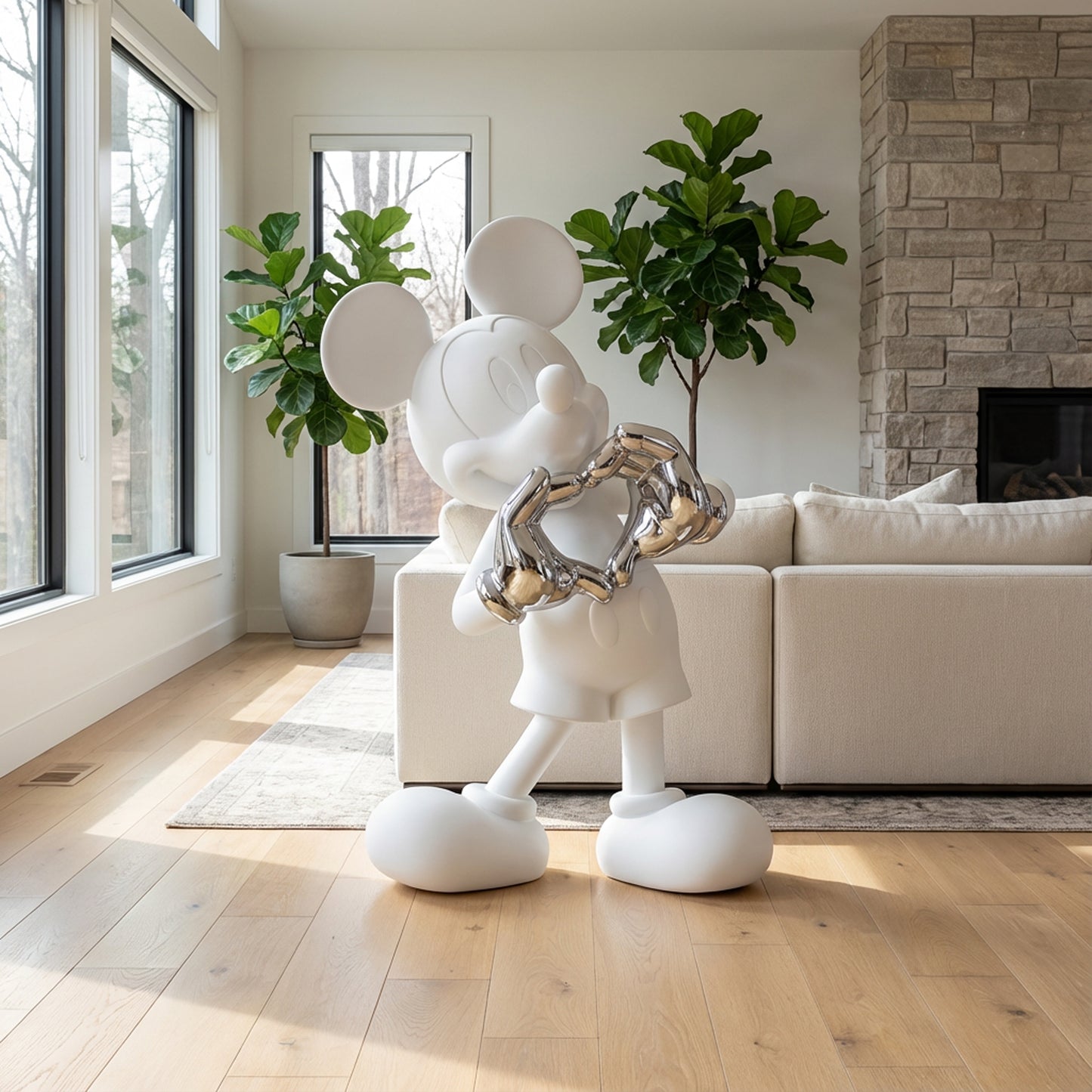 The Heart U - Large sculpture by Landmark Decor features a white Mickey Mouse figure with metallic hands forming a heart, adding artistic charm to modern living rooms with light wood floors, plants, and a stone fireplace.