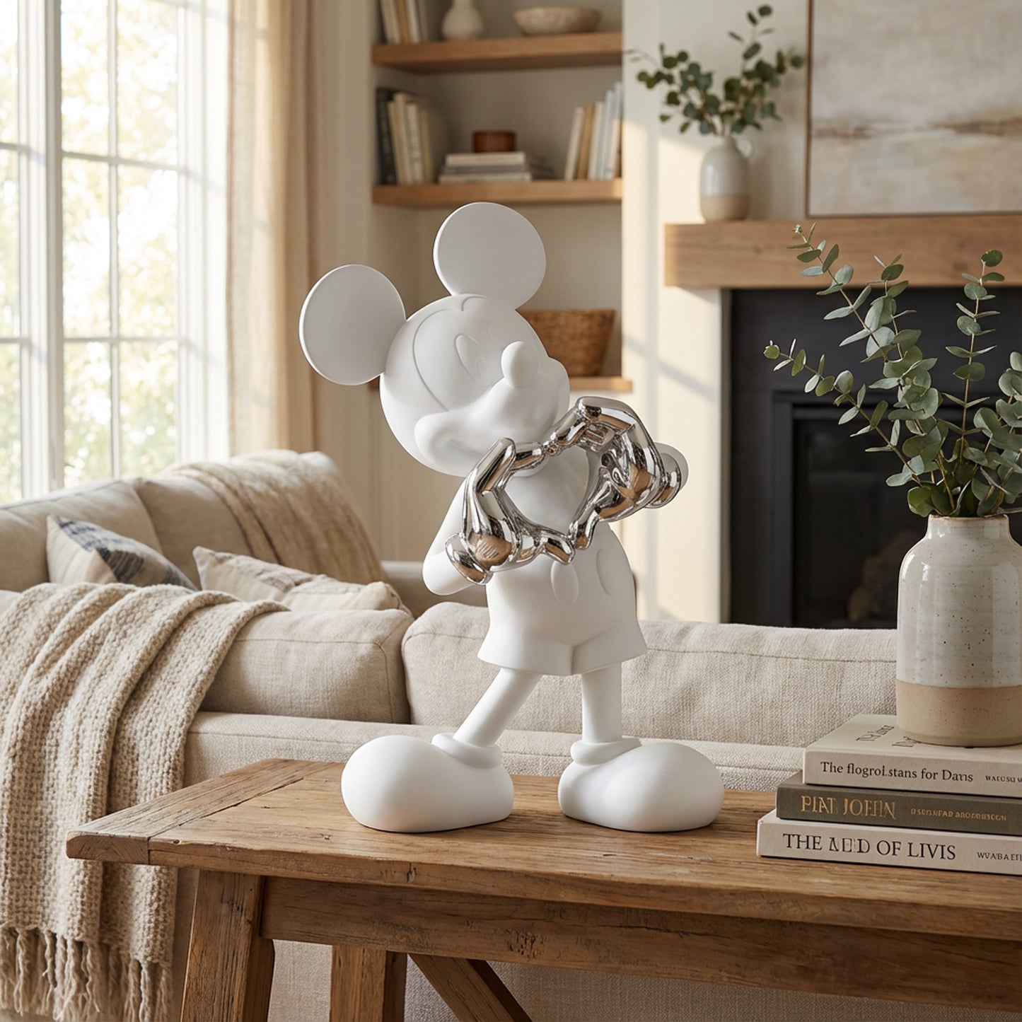 The Heart U - Small figurine by Landmark Decor, featuring a white Mickey Mouse making a heart shape with its hands, stands on a wooden table in a cozy living room—an artistic and charming home decor piece for any fan.