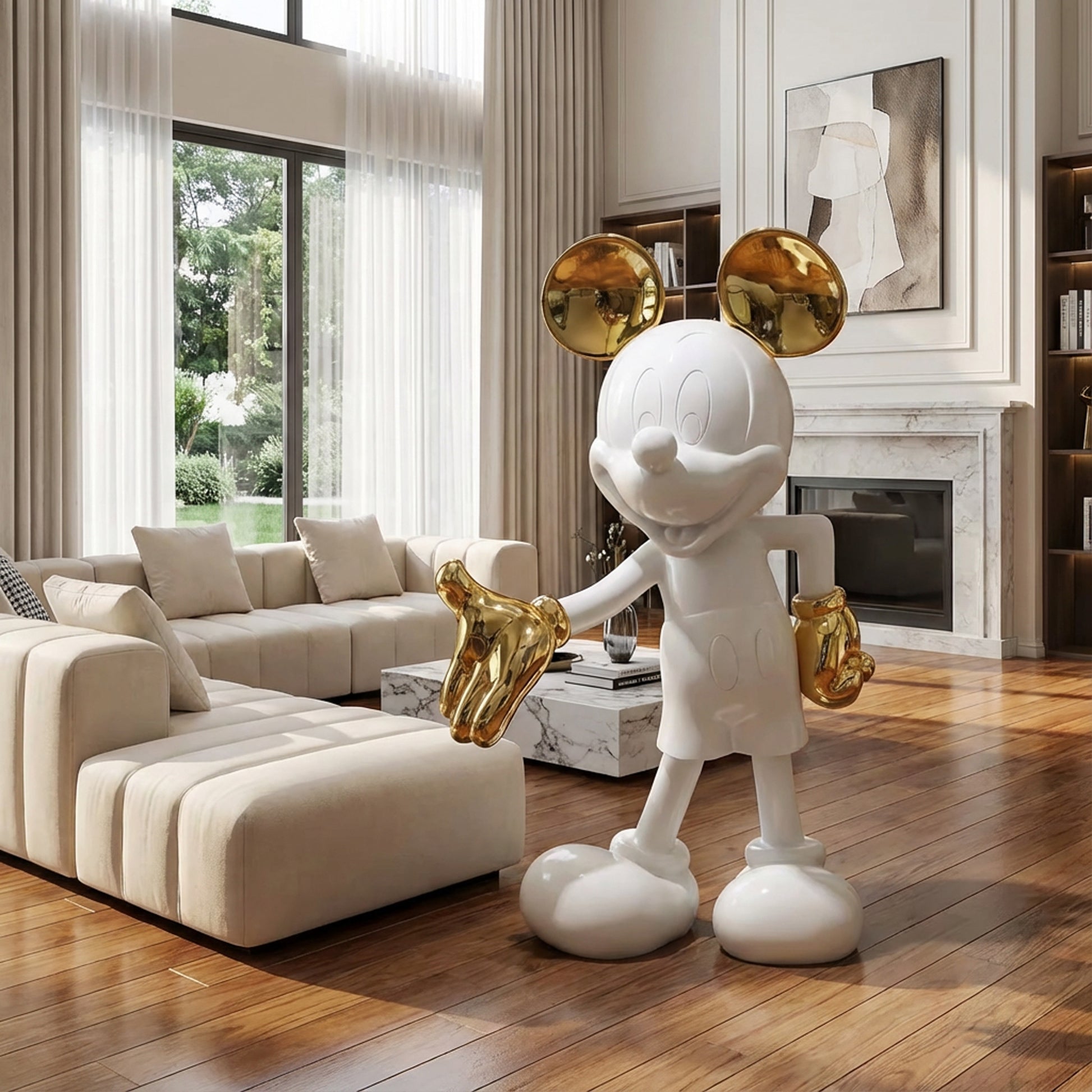 The Landmark Decor "Welcome Invitation - Large," a white and gold cartoon mouse statue, adds artistic flair to a modern living room featuring cream furniture, wooden floors, and expansive windows.