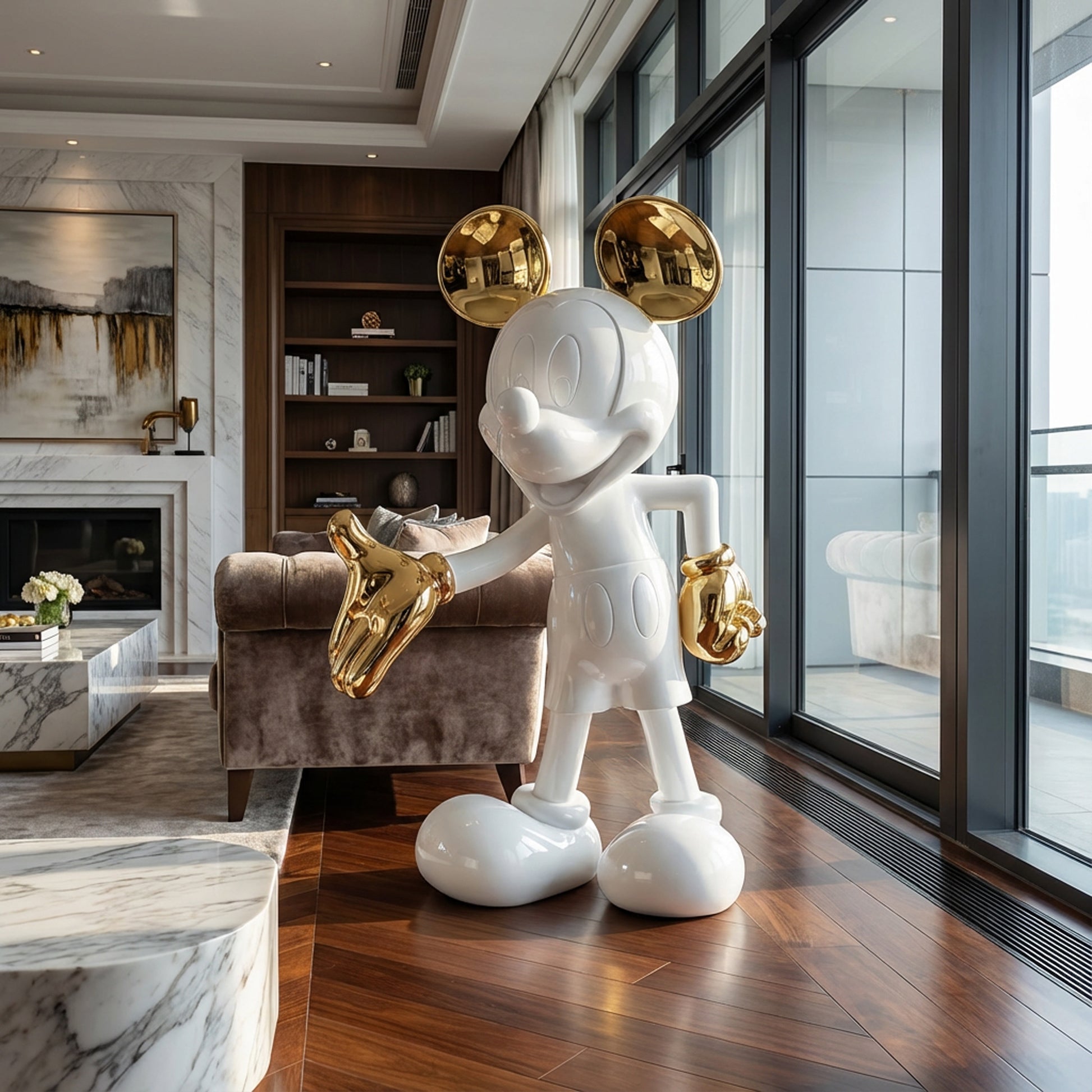 The Landmark Decor "Welcome Invitation - Large" statue, featuring white and gold cartoon-inspired details, creates a striking focal point in a sunlit modern living room with floor-to-ceiling windows and marble accents.
