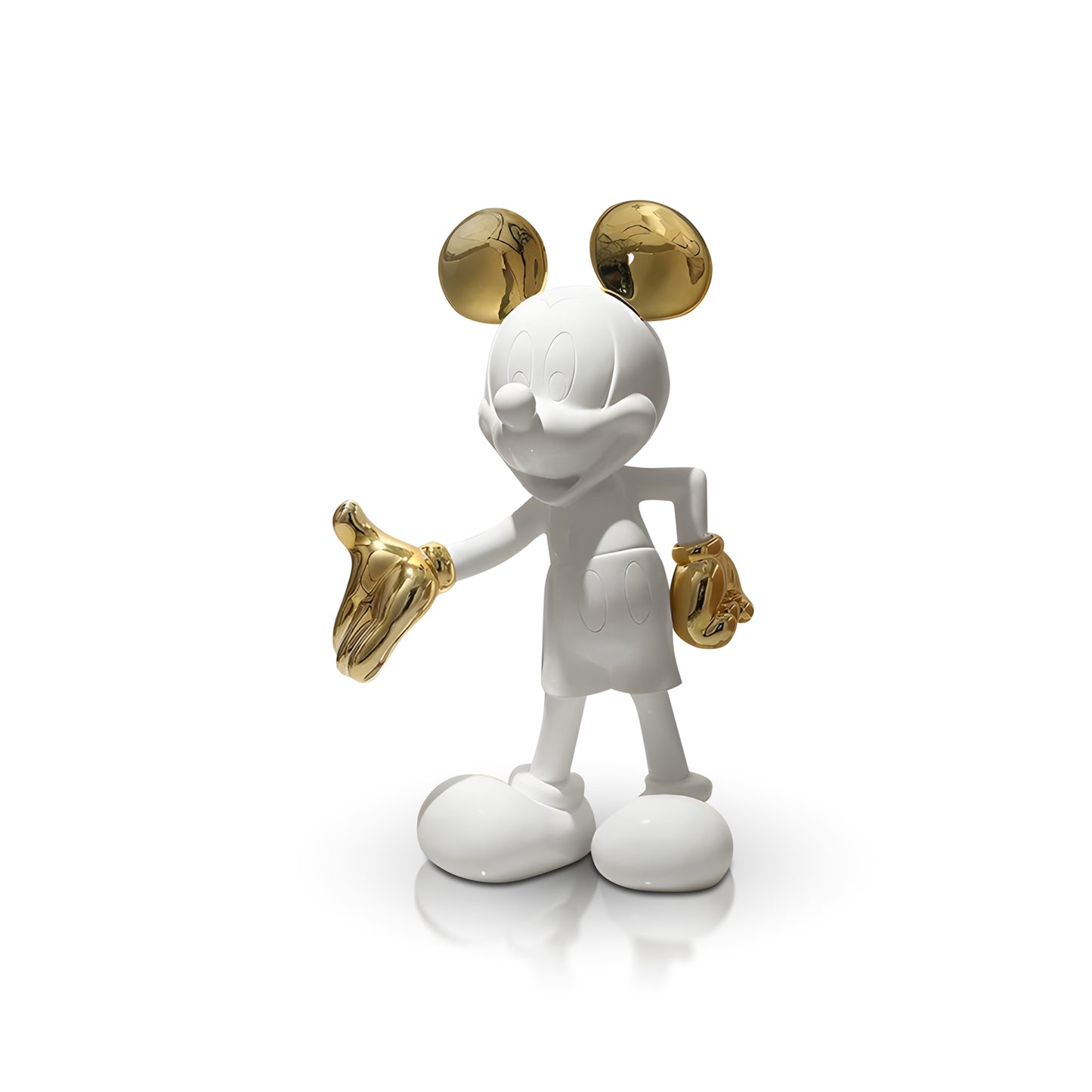 The Landmark Decor "Welcome Invitation - Large" is a white sculpture of a cartoon mouse with metallic gold ears, right hand, and left shoe—ideal for elevating your home decor with artistic flair.