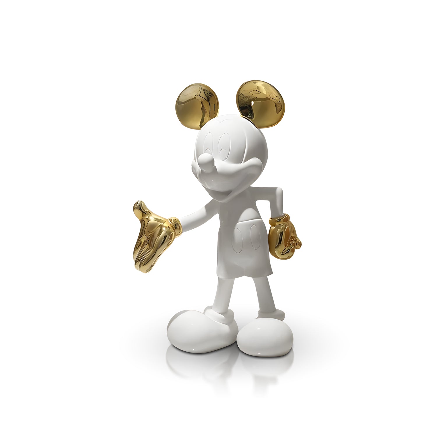 The Landmark Decor "Welcome Invitation - Large" is a white sculpture of a cartoon mouse with metallic gold ears, right hand, and left shoe—ideal for elevating your home decor with artistic flair.