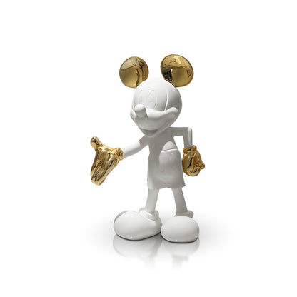 The Landmark Decor "Welcome Invitation - Large" is a white sculpture of a cartoon mouse with metallic gold ears, right hand, and left shoe—ideal for elevating your home decor with artistic flair.