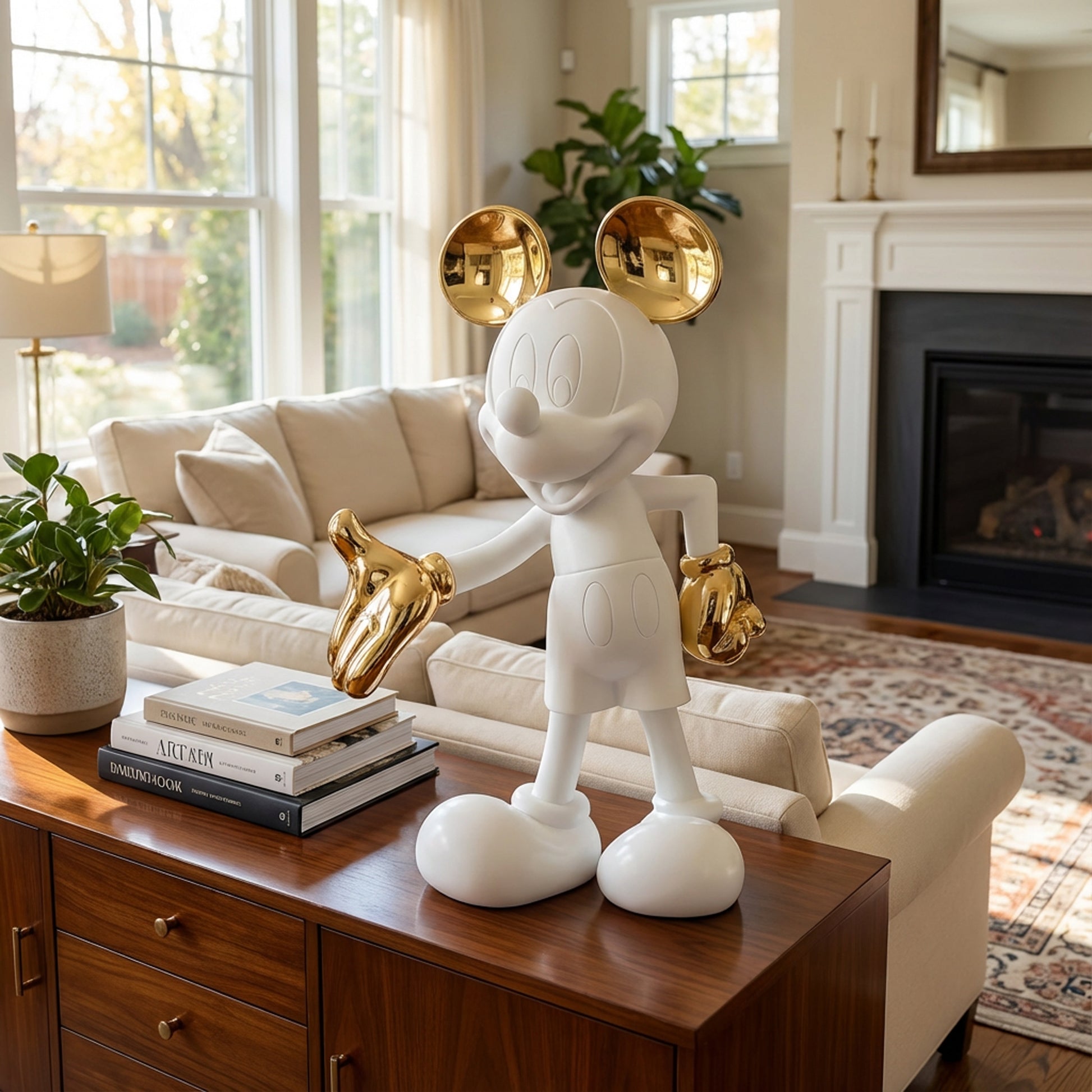 The Welcome Invitation - Small by Landmark Decor, a white Mickey Mouse statue with gold ears and gloves, adds artistic flair and a stylish touch to modern living rooms—perfect for home decor enthusiasts.