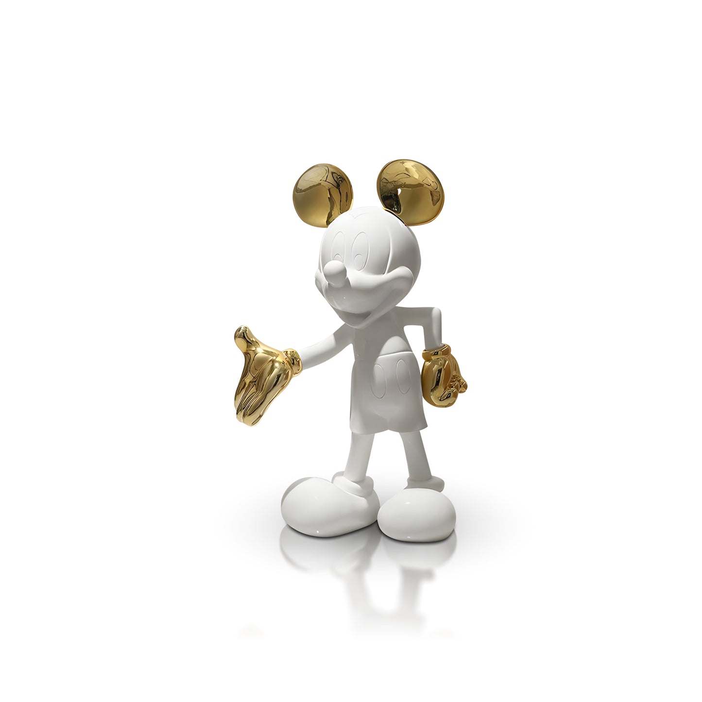 The Welcome Invitation - Small by Landmark Decor is a white figurine in the shape of a cartoon mouse with metallic gold ears, glove, and tail—an artistic sculpture ideal for enhancing any interior decor.