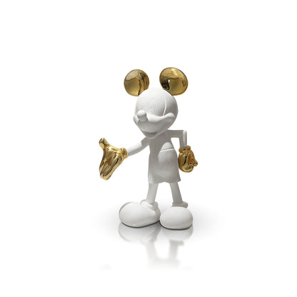 The Welcome Invitation - Small by Landmark Decor is a white figurine in the shape of a cartoon mouse with metallic gold ears, glove, and tail—an artistic sculpture ideal for enhancing any interior decor.
