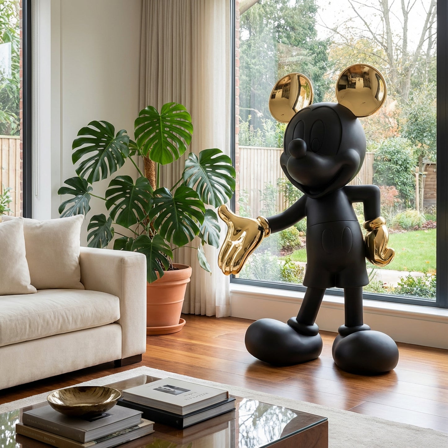 The Landmark Decor "Welcome Invitation - Large" is a striking black Mickey Mouse statue with gold ears and gloves, displayed in a modern living room by a potted plant and large window overlooking the garden.