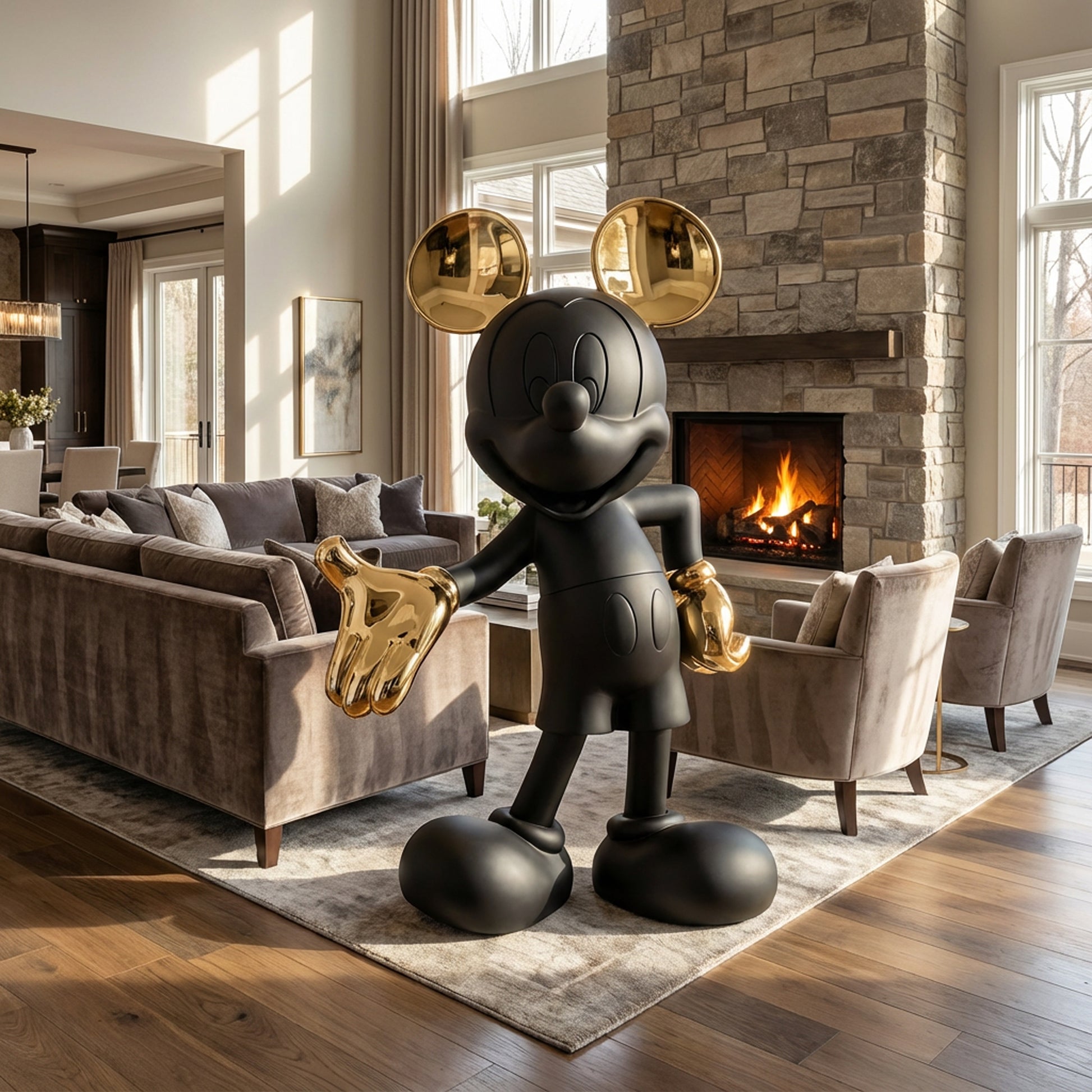 The Landmark Decor "Welcome Invitation - Large" statue features a black cartoon mouse with gold ears and gloves, serving as striking artistic decor and a unique statement piece for any modern living room.