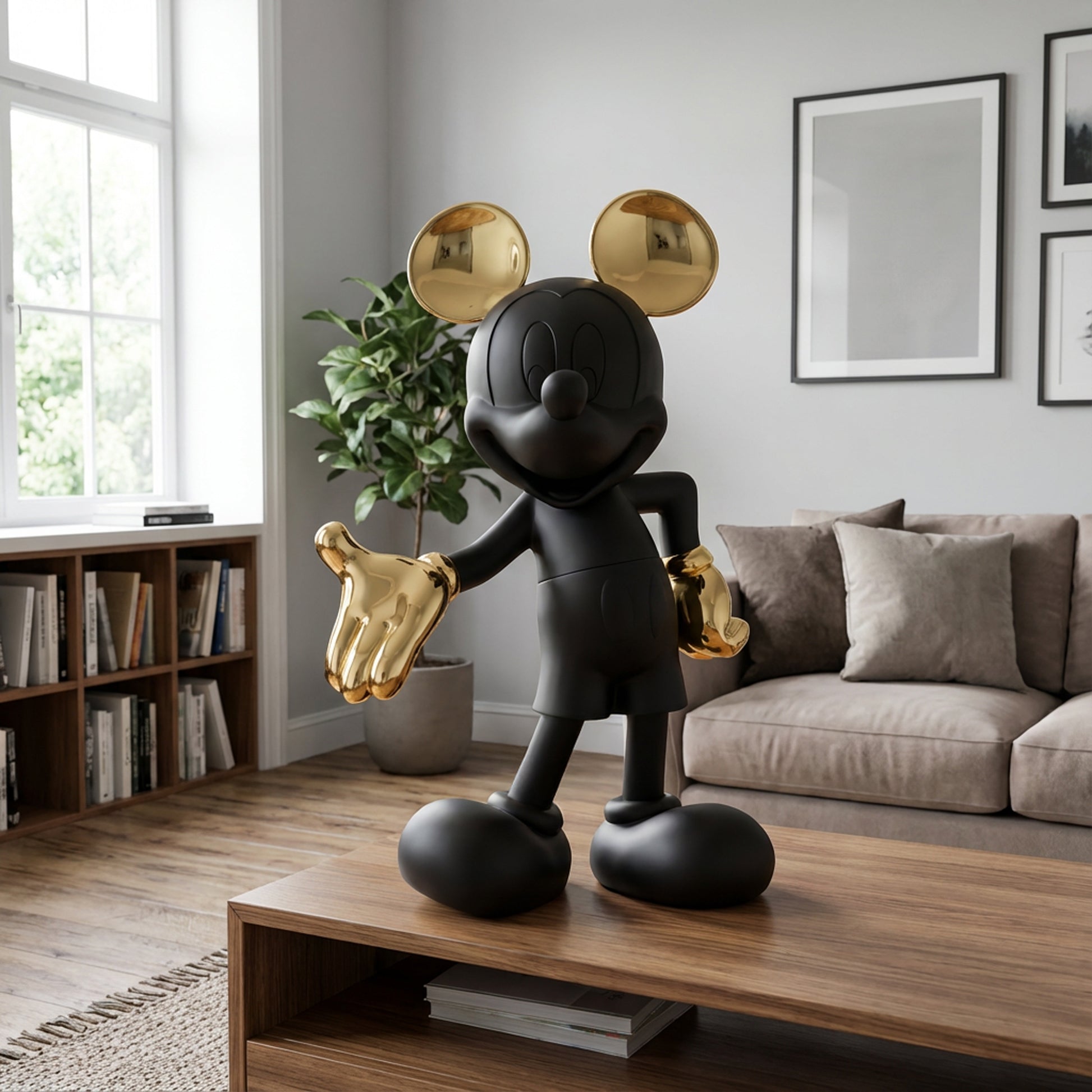 The Welcome Invitation - Small by Landmark Decor, a matte black cartoon mouse statue with shiny gold ears and gloves, sits on a wooden coffee table, bringing artistic flair to this modern living room's decor.
