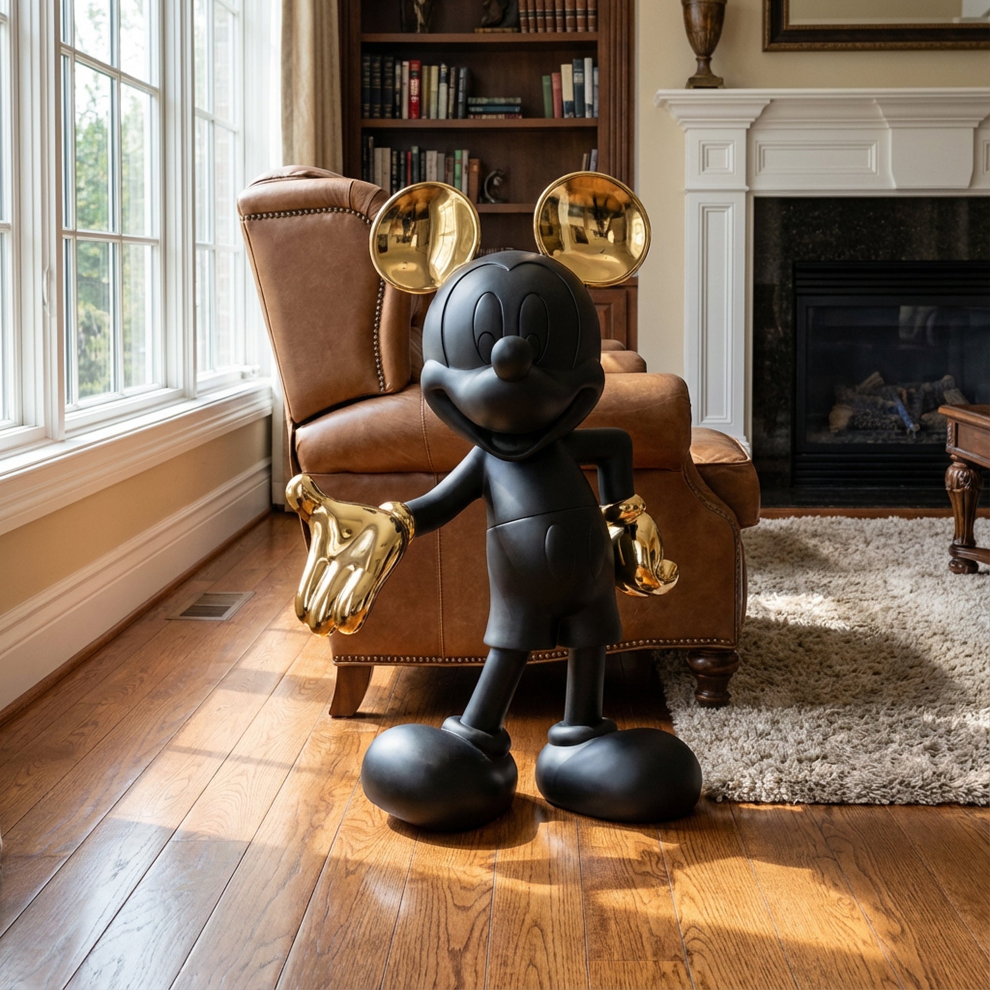 The Landmark Decor "Welcome Invitation - Small" is a matte black Mickey Mouse statue with shiny gold ears and gloves—an eye-catching artistic sculpture, perfect as unique home decor for sunlit living rooms.