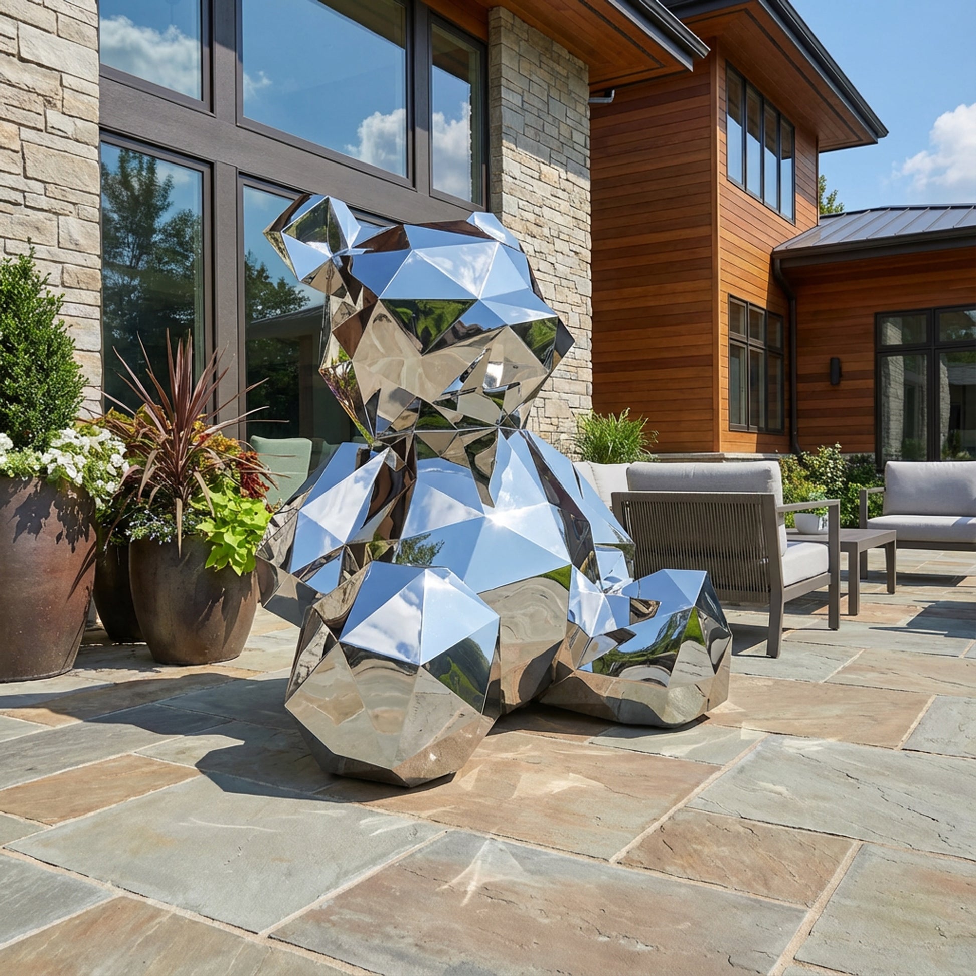 The Polish Sitting Bear by Landmark Decor, a striking faceted metallic sculpture, sits on a stone patio with outdoor seating and potted plants, in front of a modern house with large windows.
