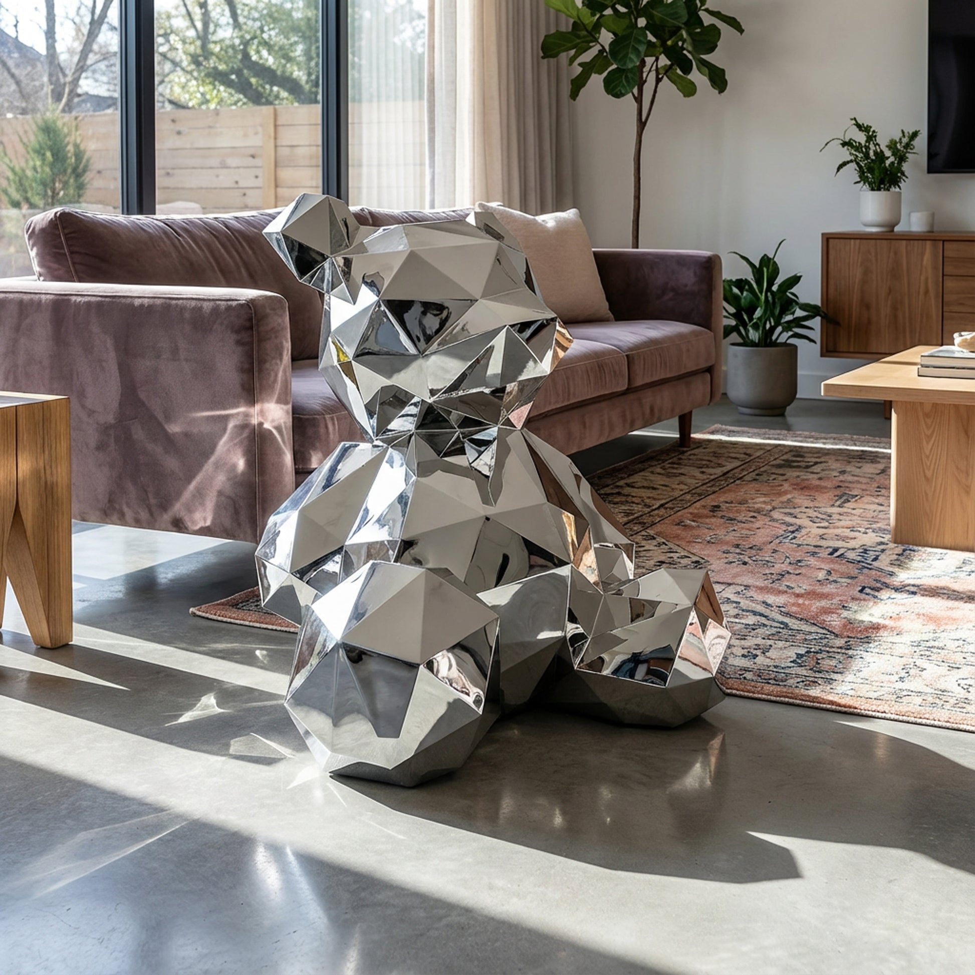 The Landmark Decor Polish Sitting Bear, a large faceted metallic sculpture, stands out as striking interior decor in a modern living room, paired with a sofa, coffee table, rug, and indoor plant.
