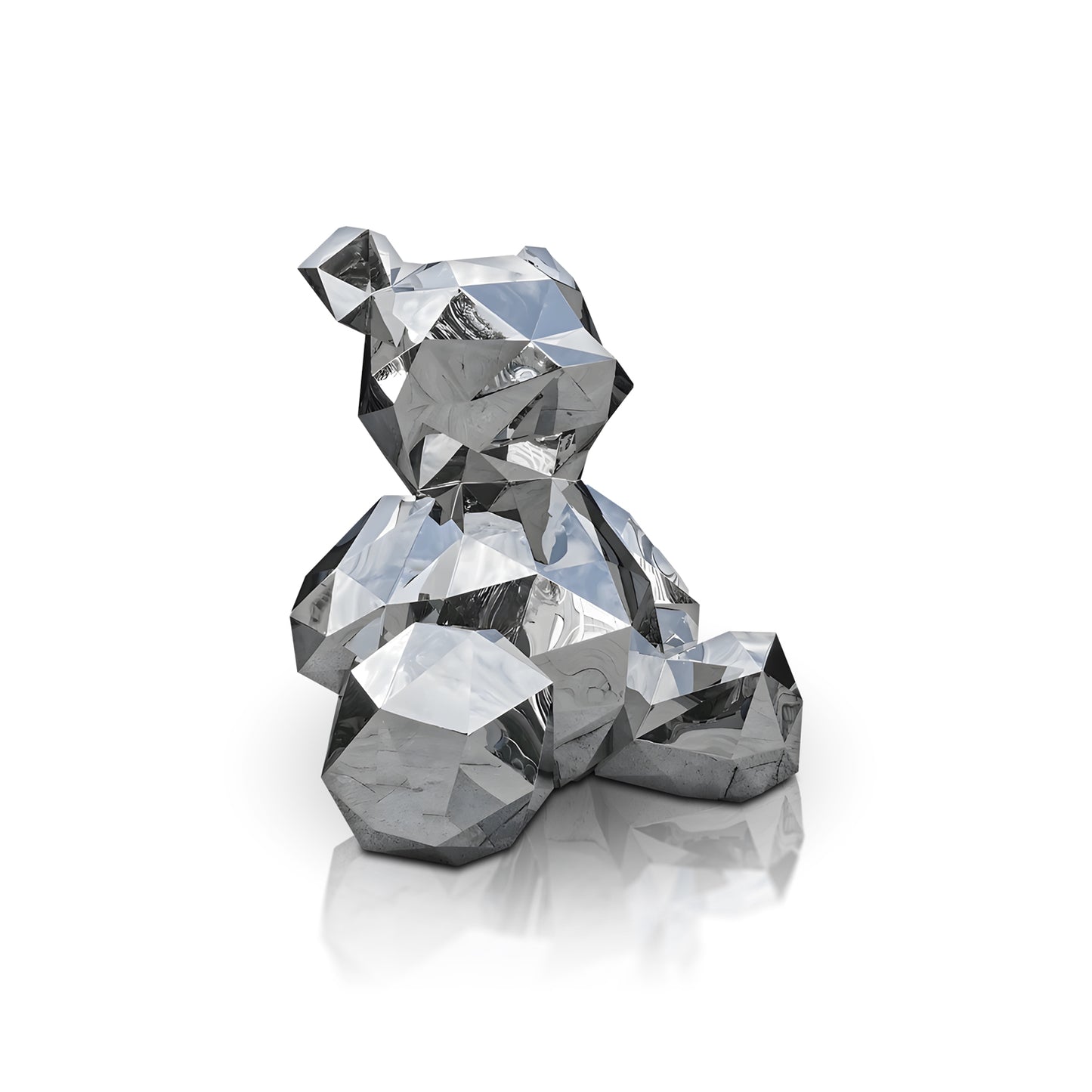 The Landmark Decor Polish Sitting Bear is a faceted metallic sculpture with geometric angles, ideal as modern home decor or a standout piece from the Landmark Decor collection.