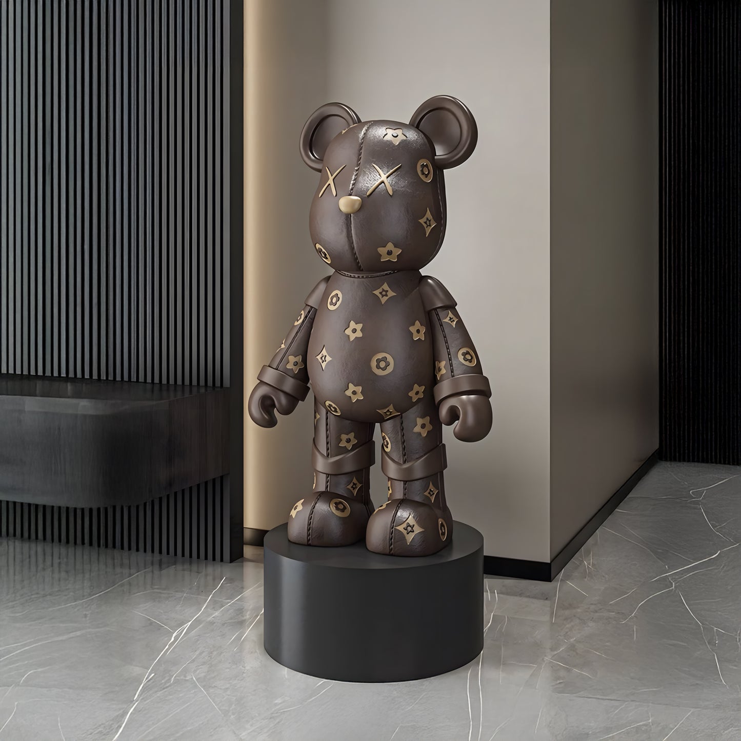 The Brown Bear by Landmark Decor is a large bear-shaped sculpture with a dark brown patterned surface on a round black pedestal, making a bold statement and elevating minimalist modern interiors.