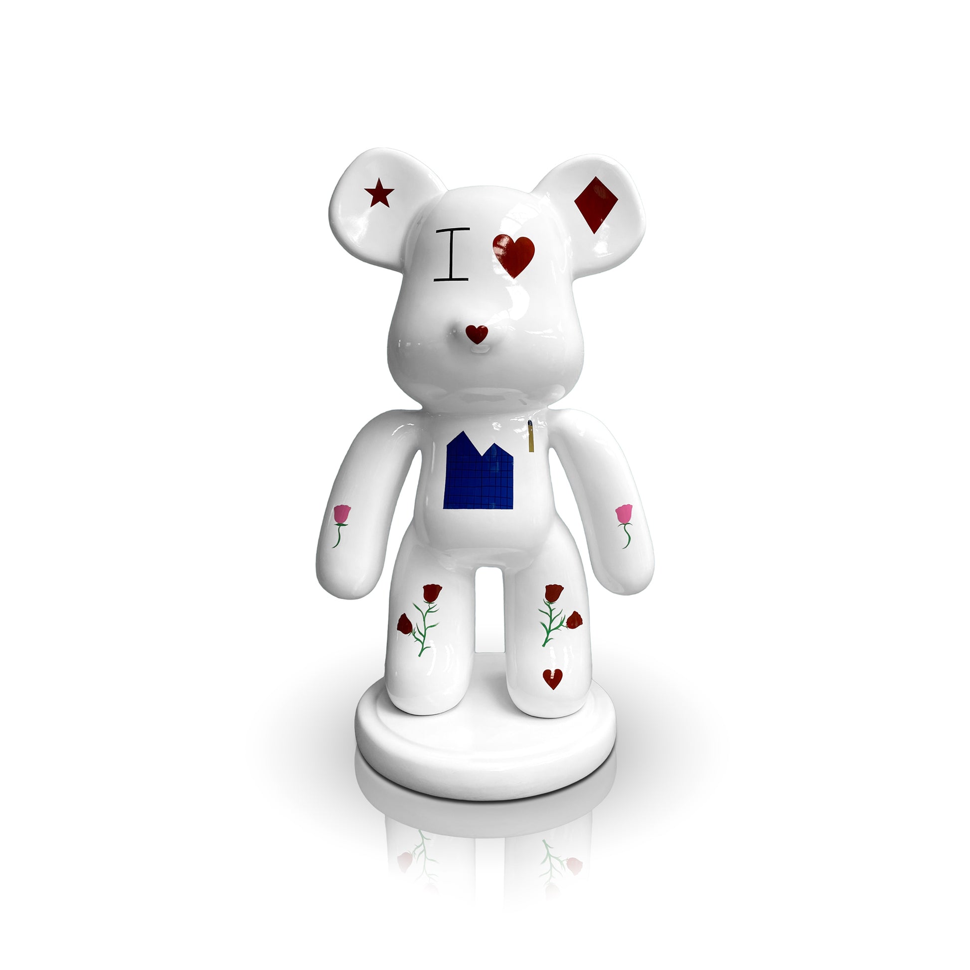 The Violent Bear figurine by Landmark Decor features a white bear on a round base with hearts, roses, diamond shapes, a house graphic, and the phrase "I ♥"—a unique accent to elevate your home decor.