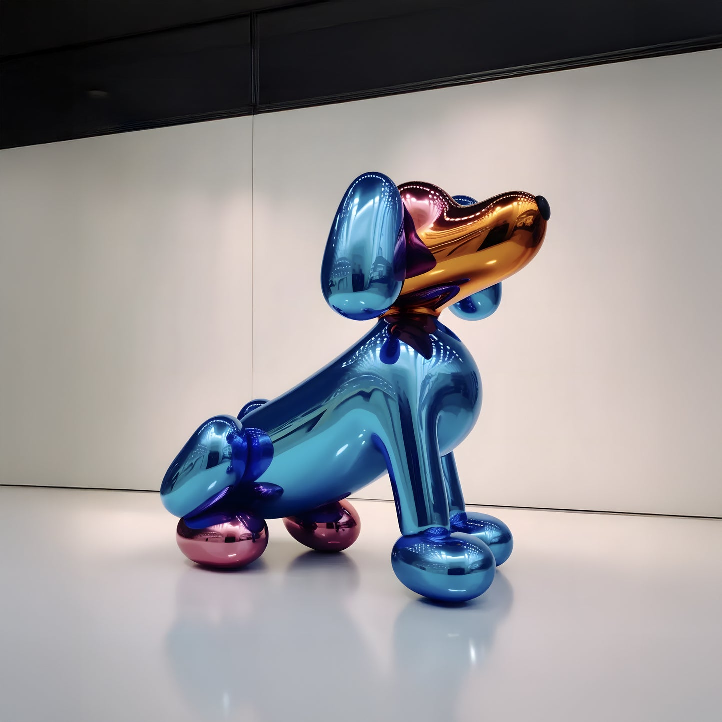 A large, shiny metallic Landmark Decor Dachshund sculpture in blue and pink serves as striking interior decor in a minimal, modern gallery space with white walls.