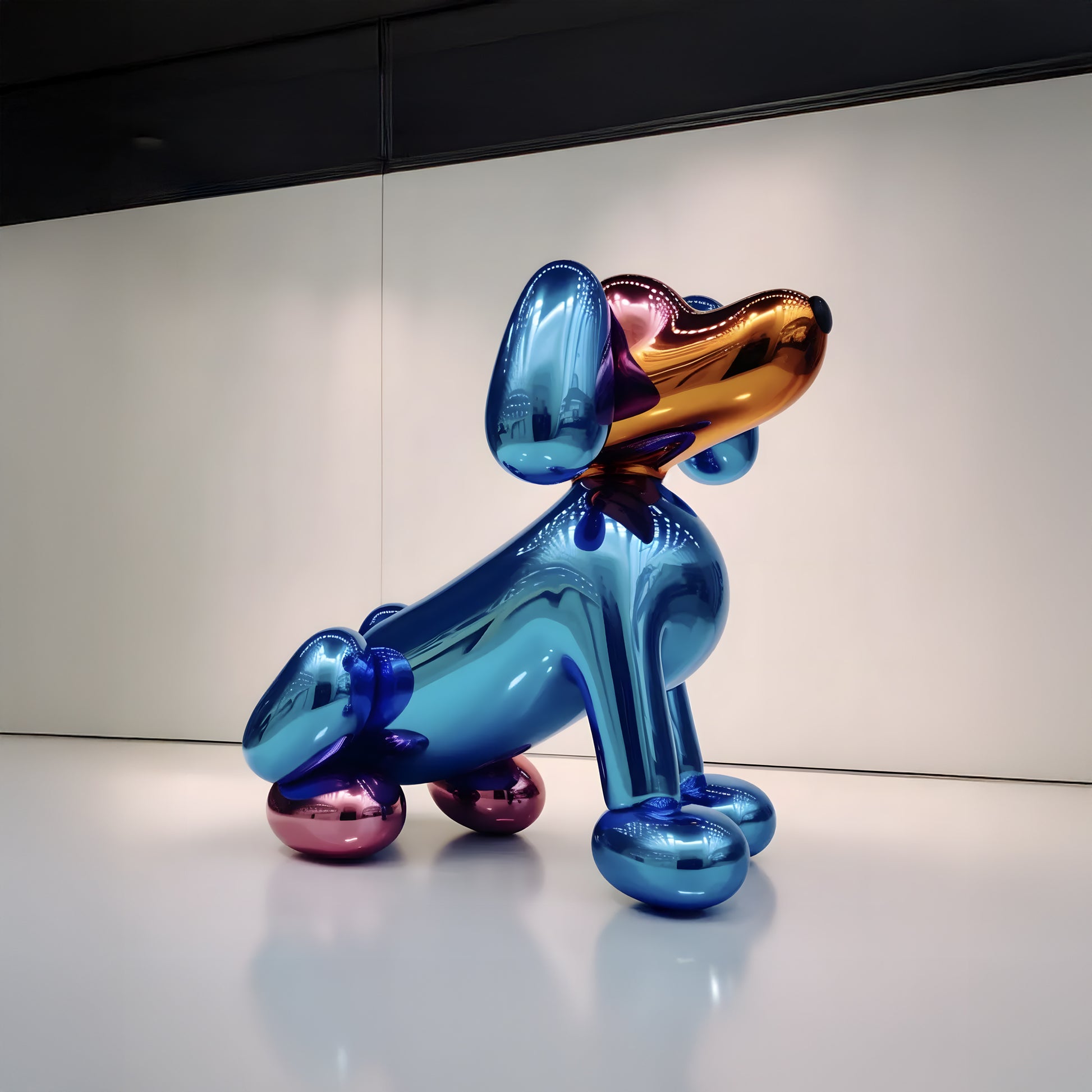 A large, shiny metallic Landmark Decor Dachshund sculpture in blue and pink serves as striking interior decor in a minimal, modern gallery space with white walls.