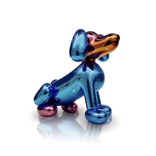 The "Dachshund" by Landmark Decor is a shiny, metallic balloon dog sculpture in blue, pink, and orange hues—ideal for adding artistic flair to your space or making a statement as unique interior decor.