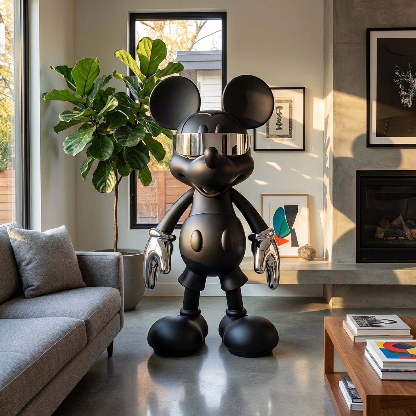 Stay Cool by Landmark Decor is a large black Mickey Mouse-inspired statue with metallic gloves and visor, making a bold artistic statement in a modern, light-filled living room.