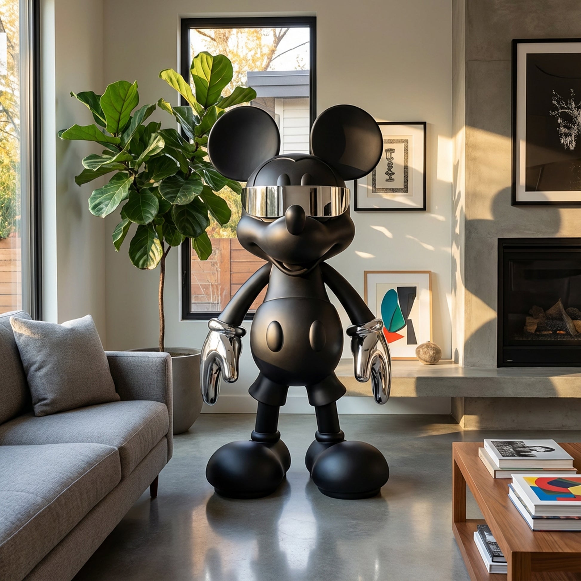 Stay Cool by Landmark Decor is a large black Mickey Mouse-inspired statue with metallic gloves and visor, making a bold artistic statement in a modern, light-filled living room.