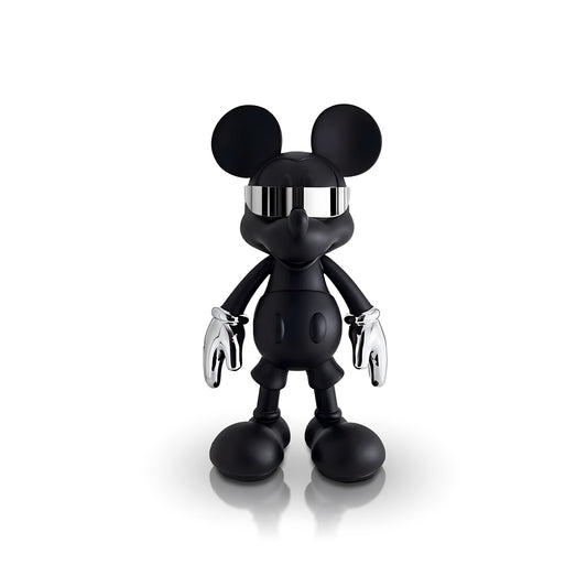 The "Stay Cool" sculpture by Landmark Decor features a black Mickey Mouse-inspired design with chrome gloves and a mirrored visor, making it a striking piece of home decor for any space.