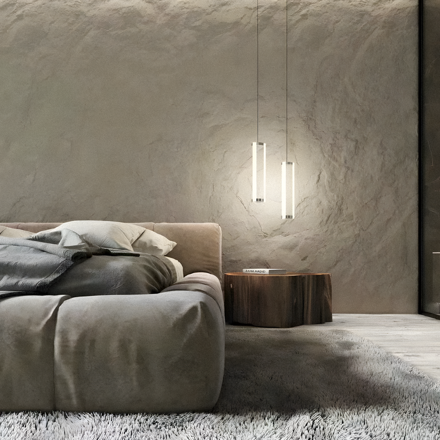 A modern bedroom featuring Landmark Decor's Star Moon Stone Sheet - Black as a textured gray accent wall, with a low upholstered bed, gray bedding, a round wooden side table, and two hanging pendant lights.