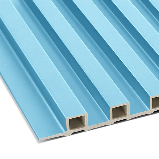 Close-up of the Landmark Decor Sky Blue WPC Fluted Slat Wall Panel, featuring blue multi-grooved plastic with rectangular hollow channels—perfect for modern accent walls or interior panels.