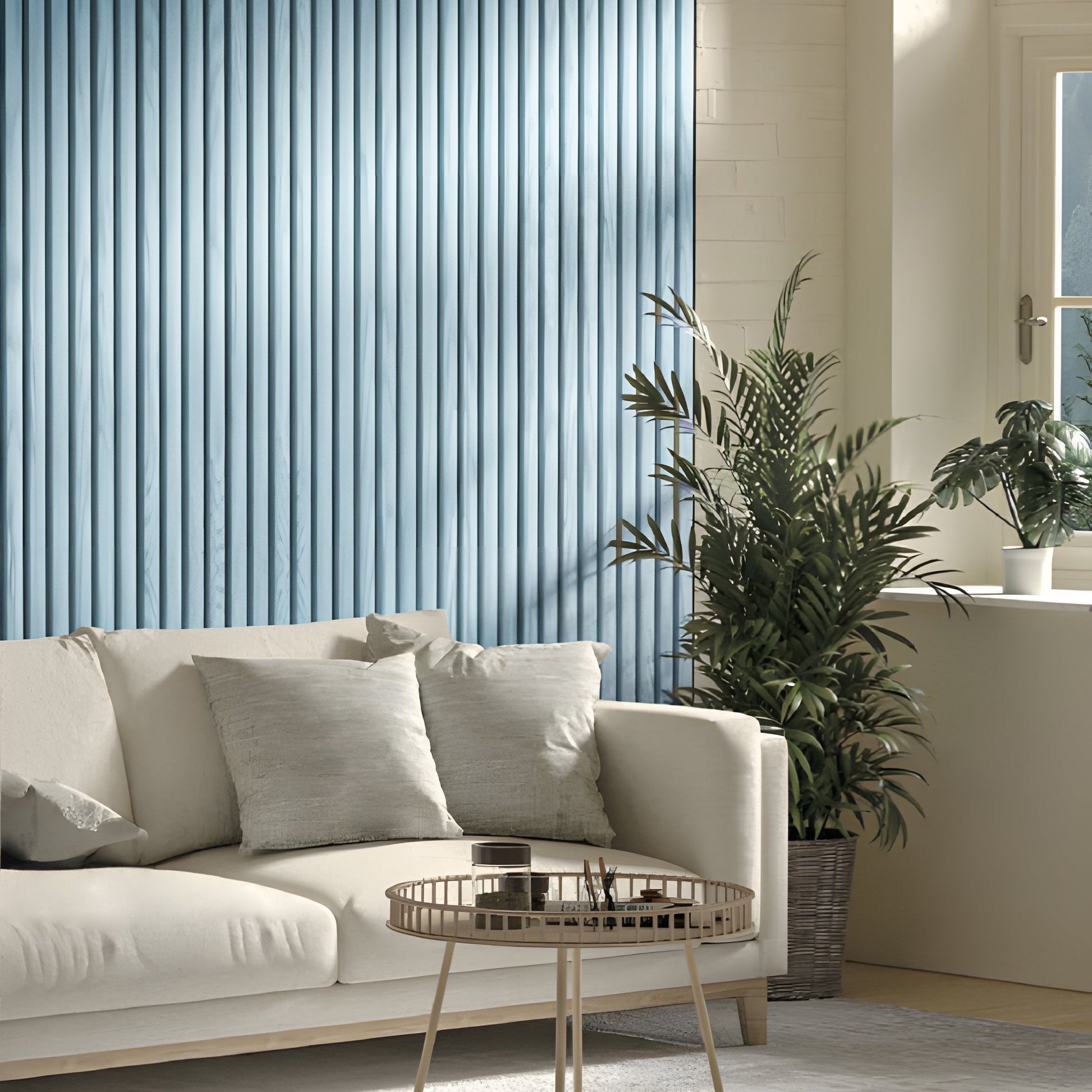 A modern living room features a beige sofa, light cushions, round metal coffee table, potted plants, and a Landmark Decor Sky Blue WPC Fluted Slat Wall Panel accent wall. Natural light pours in through the window.
