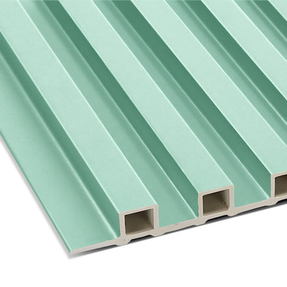Close-up of the Landmark Decor Mint Green WPC Fluted Slat Wall Panel featuring grooved, rectangular hollow sections and a smooth finish—ideal for accent walls or interior panels.