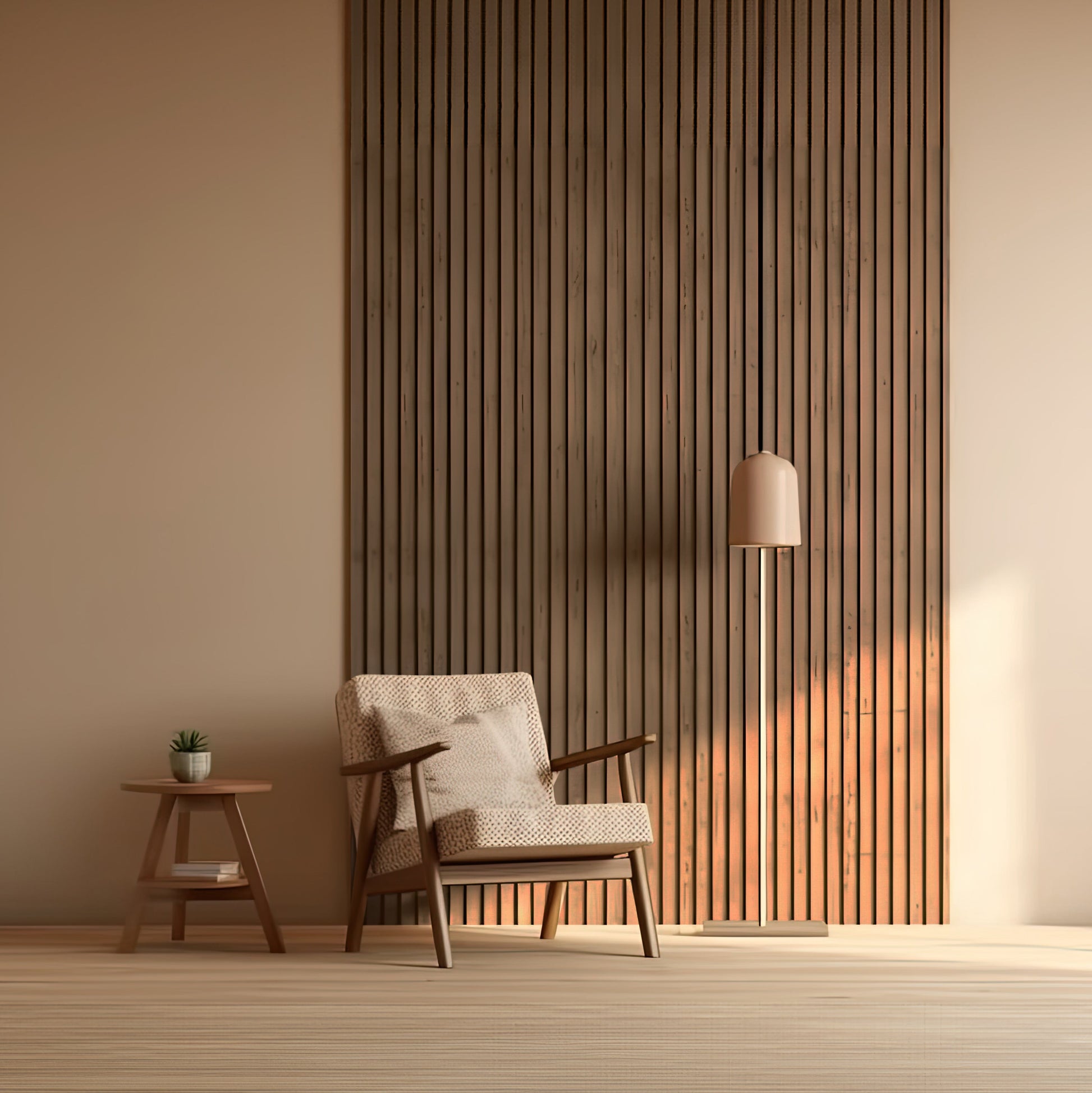 A beige armchair sits by a small wooden side table with a potted plant, set against Landmark Decor's Dark Walnut Wood Texture WPC Fluted Slat Wall Panel and a floor lamp in this minimalist room.