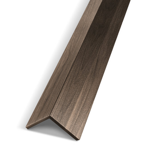 The Landmark Decor Walnut Texture Interior WPC Panel Corner is displayed on a white background, featuring a dark wood look. Perfect for neat panel junctions in wall projects or as an interior corner trim piece.