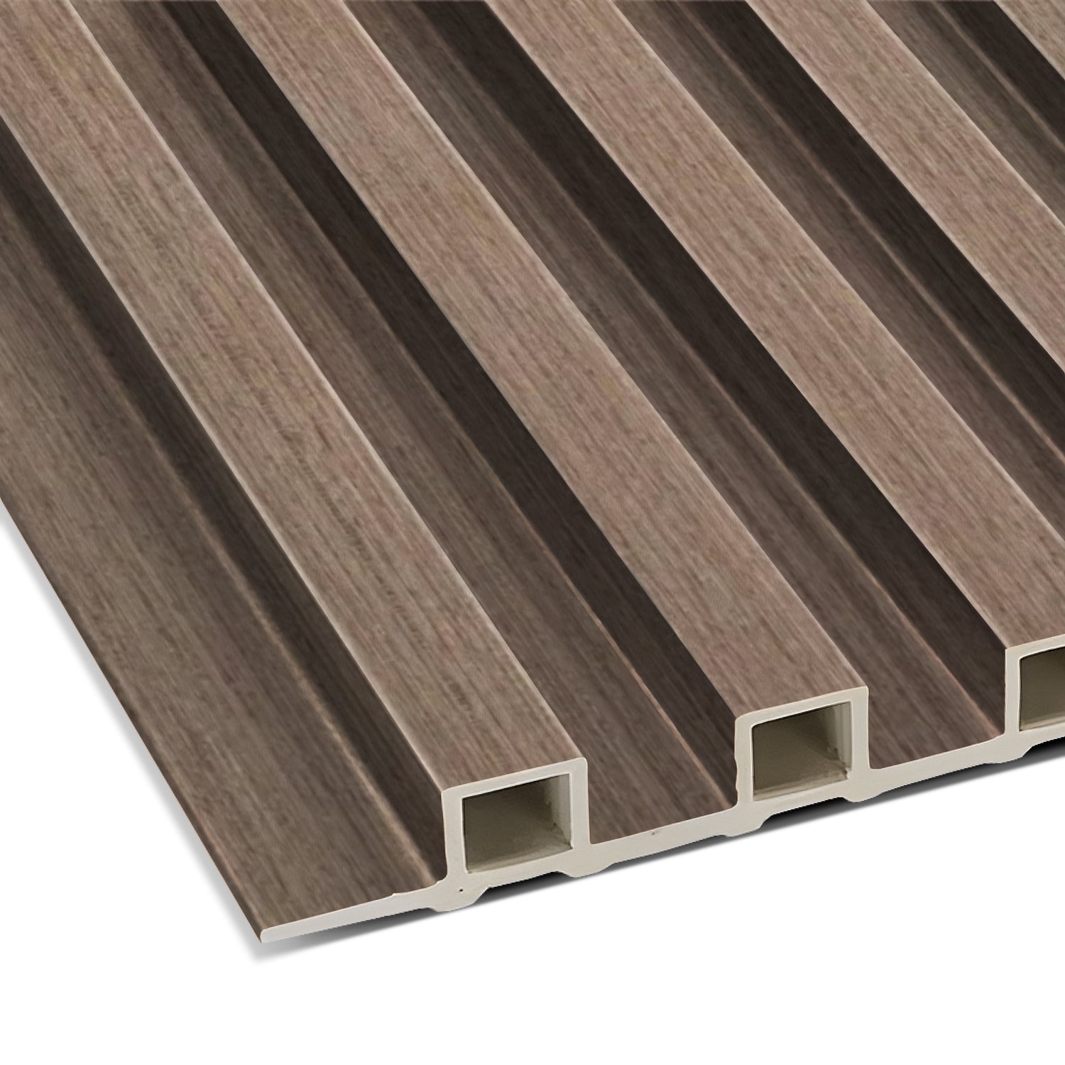 A close-up of the Landmark Decor Taupe WPC Fluted Slat Wall Panel shows its rectangular, hollow, wood-textured design with parallel grooves, perfect for wall cladding or creating stylish accent walls.
