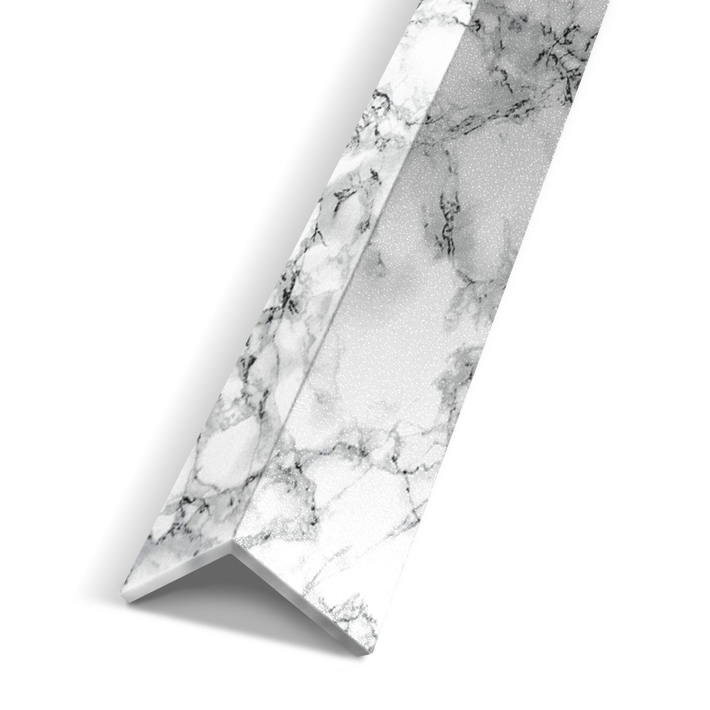 The Landmark Decor White Mable Interior WPC Panel Corner trim piece, featuring a white marble pattern, is displayed against a white background.