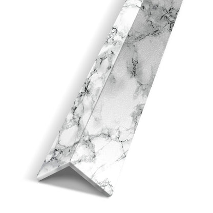 The Landmark Decor White Mable Interior WPC Panel Corner trim piece, featuring a white marble pattern, is displayed against a white background.