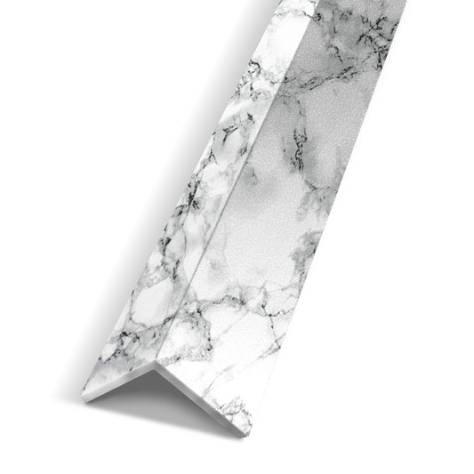 The Landmark Decor White Mable Interior WPC Panel Corner trim piece, featuring a white marble pattern, is displayed against a white background.