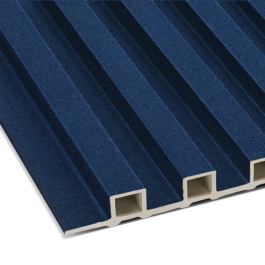 Close-up of the Landmark Decor Navy Blue Frosted Effect Slat Wall Panel, featuring a grooved surface, white core, and hollow rectangular sections—perfect for decorative ceilings or accent walls.