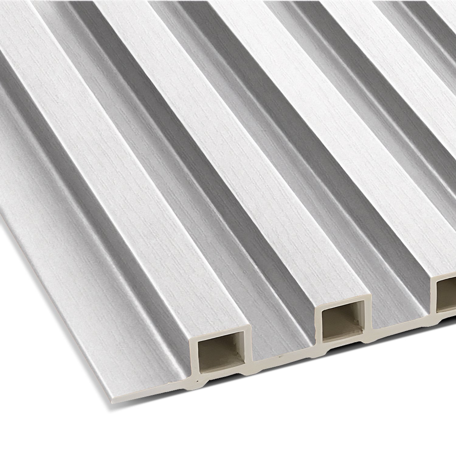 Close-up of the Tany Grey WPC Fluted Slat Wall Panel by Landmark Decor, showing its grooved surface and rectangular fluted design, ideal for modern wall cladding.