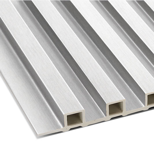 Close-up of the Tany Grey WPC Fluted Slat Wall Panel by Landmark Decor, showing its grooved surface and rectangular fluted design, ideal for modern wall cladding.