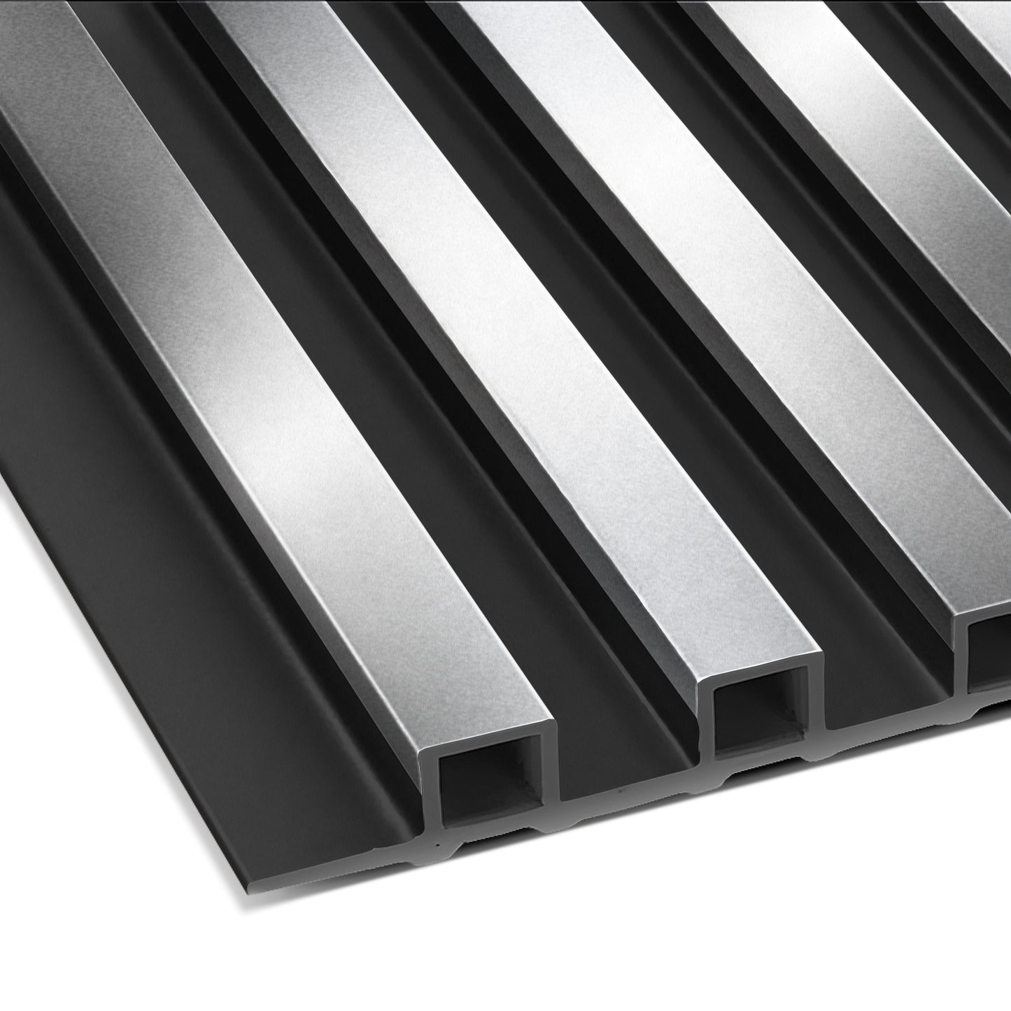 Close-up of Landmark Decor's Bright Silver WPC Fluted Slat Wall Panel, a metallic rectangular panel with raised and recessed sections, ideal for accent walls or stylish cladding, shown at an angle.