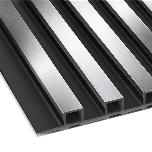 Close-up of Landmark Decor's Bright Silver WPC Fluted Slat Wall Panel, a metallic rectangular panel with raised and recessed sections, ideal for accent walls or stylish cladding, shown at an angle.