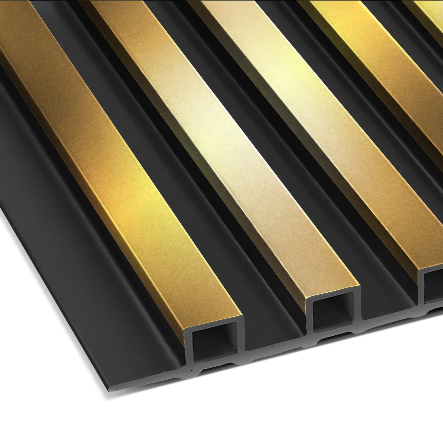 Close-up of the Landmark Decor Bright Gold WPC Fluted Slat Wall Panel, featuring alternating gold and black ridges. Its metallic, reflective finish and geometric design make it an eye-catching accent for modern interiors.